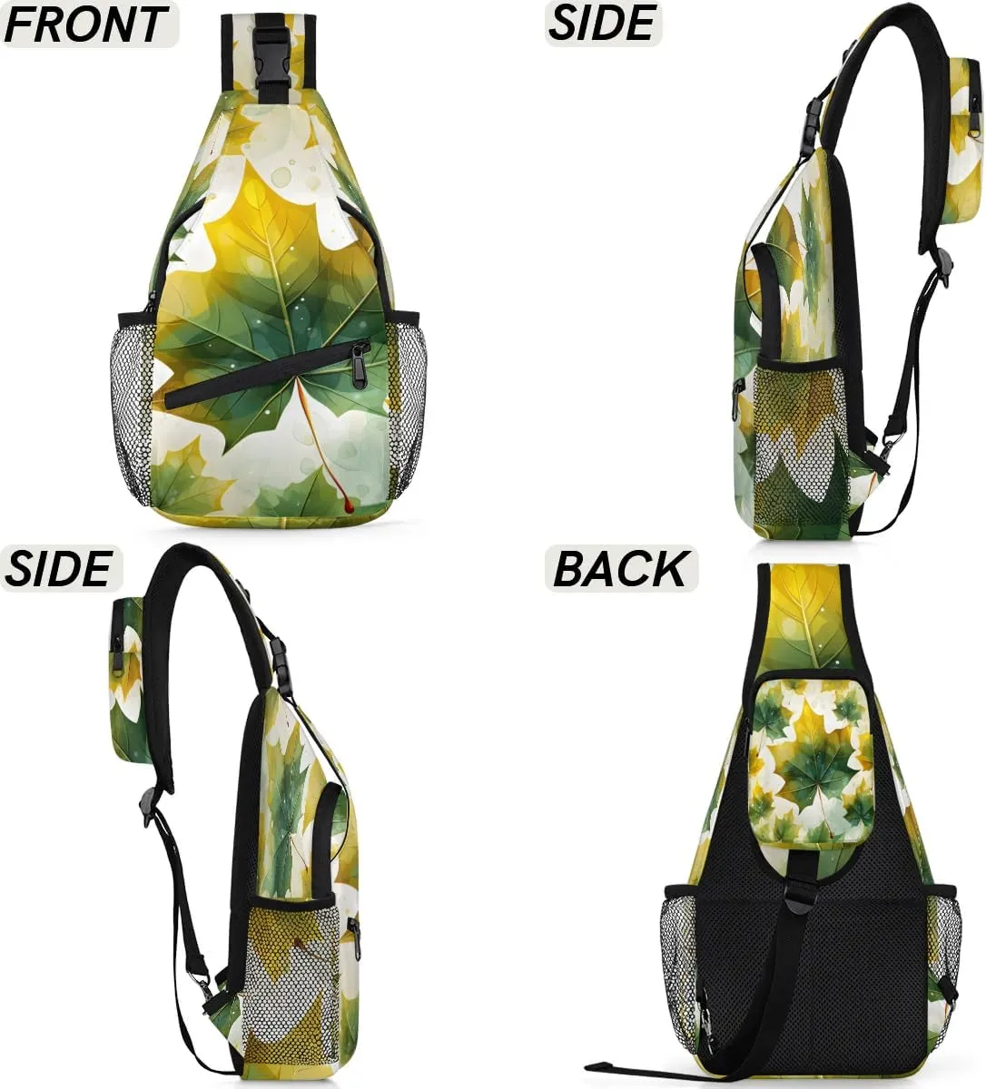 Green Maple Leaves Sling Bag for Women Men, Waterproof Crossbody Sling Backpack Sports Travel Outdoor Chest Bag