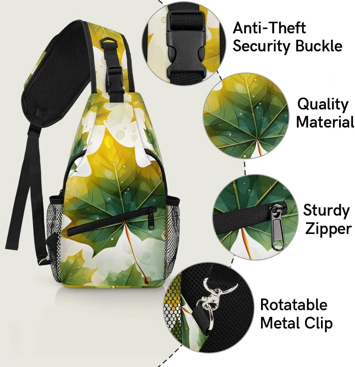 Green Maple Leaves Sling Bag for Women Men, Waterproof Crossbody Sling Backpack Sports Travel Outdoor Chest Bag