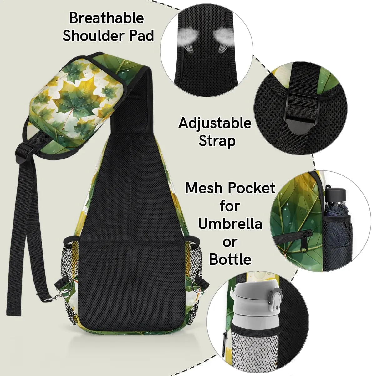 Green Maple Leaves Sling Bag for Women Men, Waterproof Crossbody Sling Backpack Sports Travel Outdoor Chest Bag
