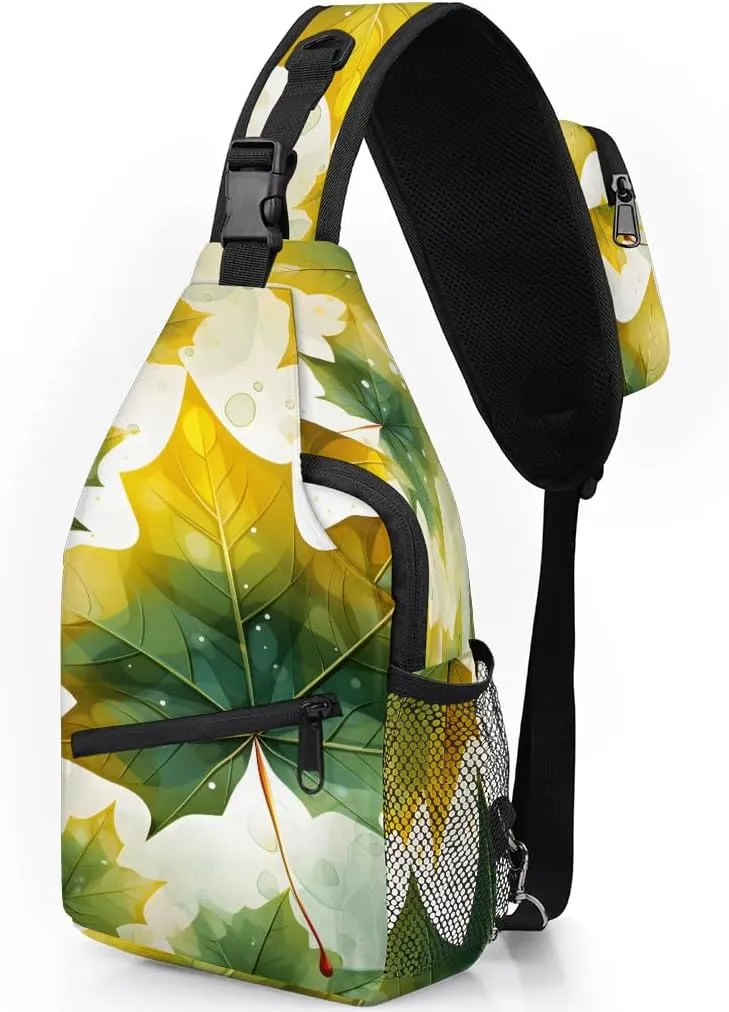 Green Maple Leaves Sling Bag for Women Men, Waterproof Crossbody Sling Backpack Sports Travel Outdoor Chest Bag