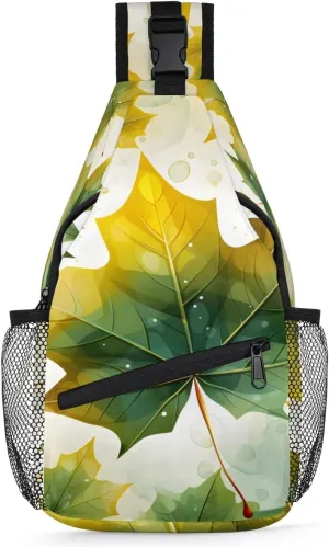 Green Maple Leaves Sling Bag for Women Men, Waterproof Crossbody Sling Backpack Sports Travel Outdoor Chest Bag