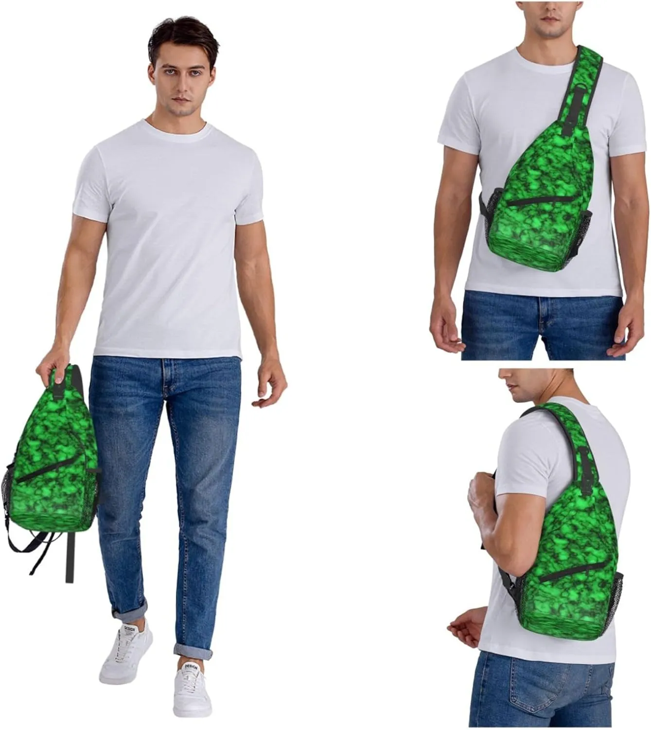 Green Marble Pattern Sling Backpack Crossbody Bag, Chest Bag Daypack for Outdoors Hiking Traveling