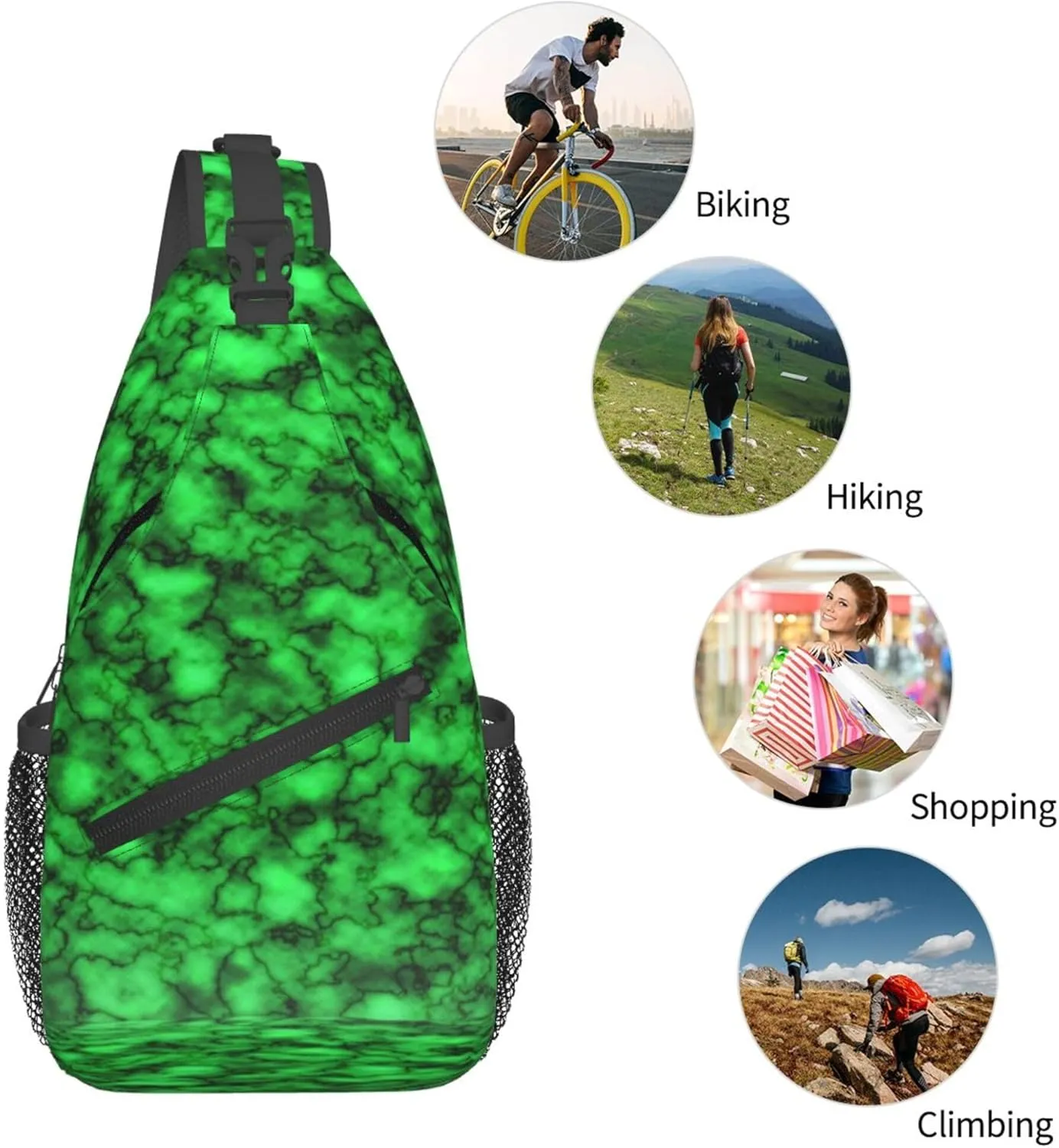 Green Marble Pattern Sling Backpack Crossbody Bag, Chest Bag Daypack for Outdoors Hiking Traveling