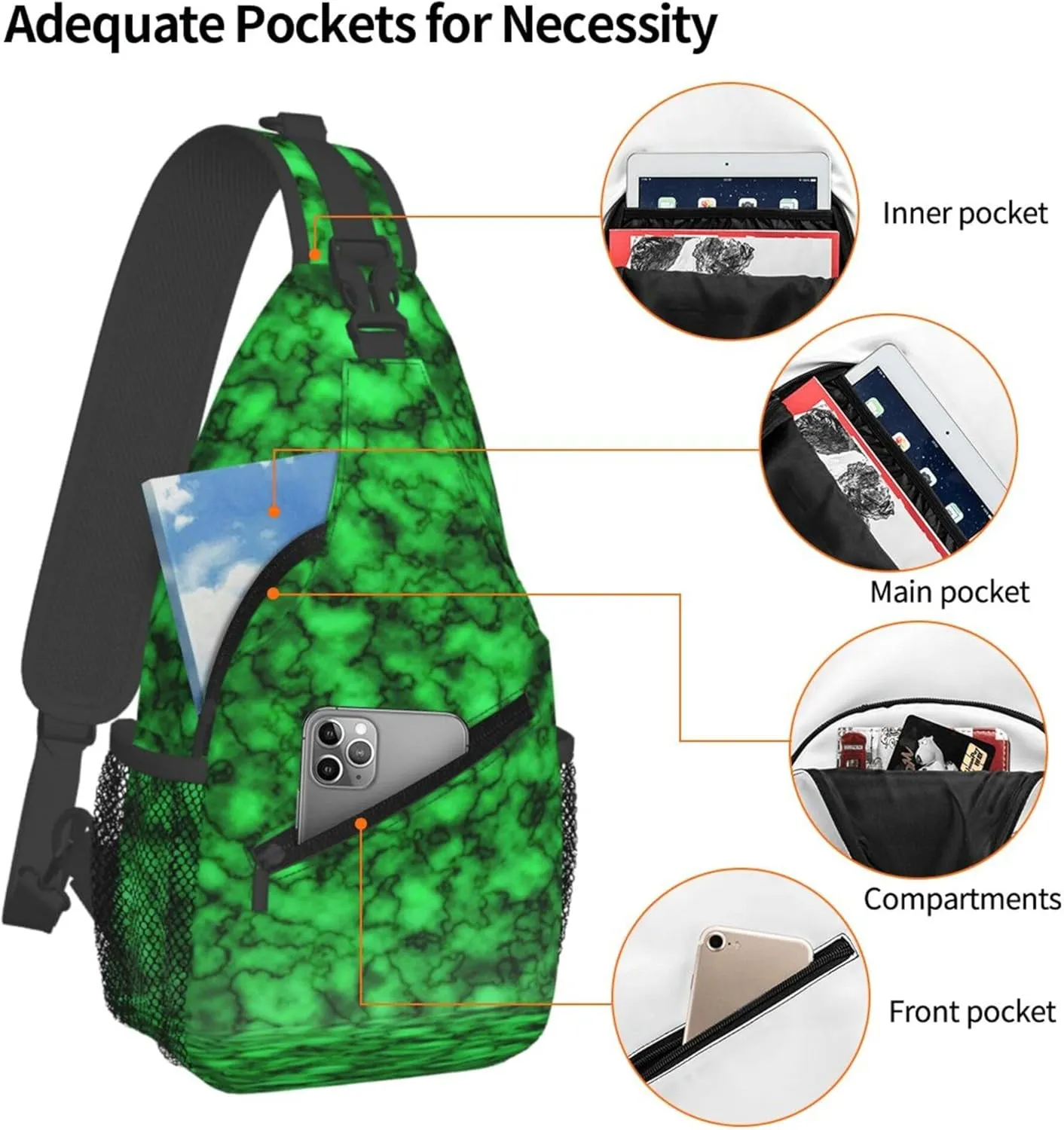 Green Marble Pattern Sling Backpack Crossbody Bag, Chest Bag Daypack for Outdoors Hiking Traveling