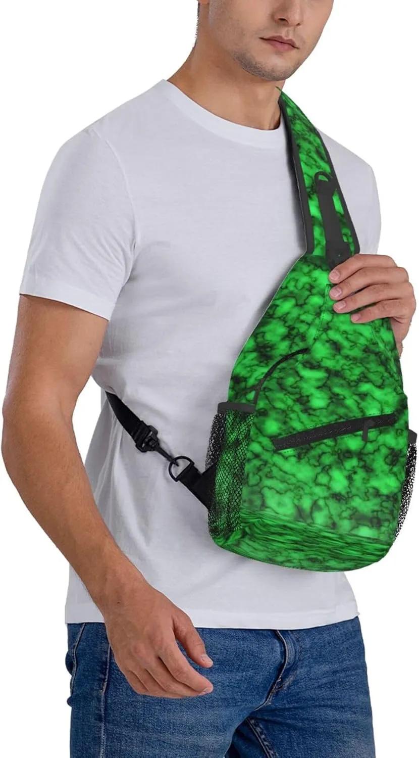 Green Marble Pattern Sling Backpack Crossbody Bag, Chest Bag Daypack for Outdoors Hiking Traveling