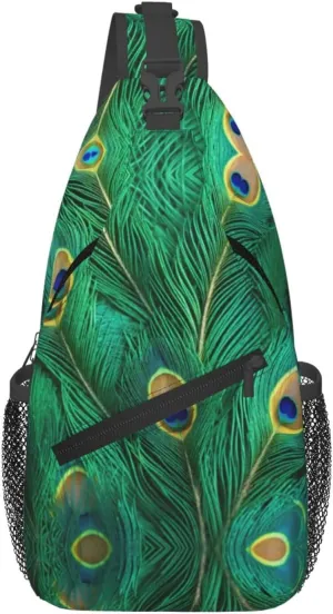 Green Peacock Feather Print Crossbody Sling Bag, Lightweight Shoulder Backpack Adjustable Outdoor Travel Cycling Bag