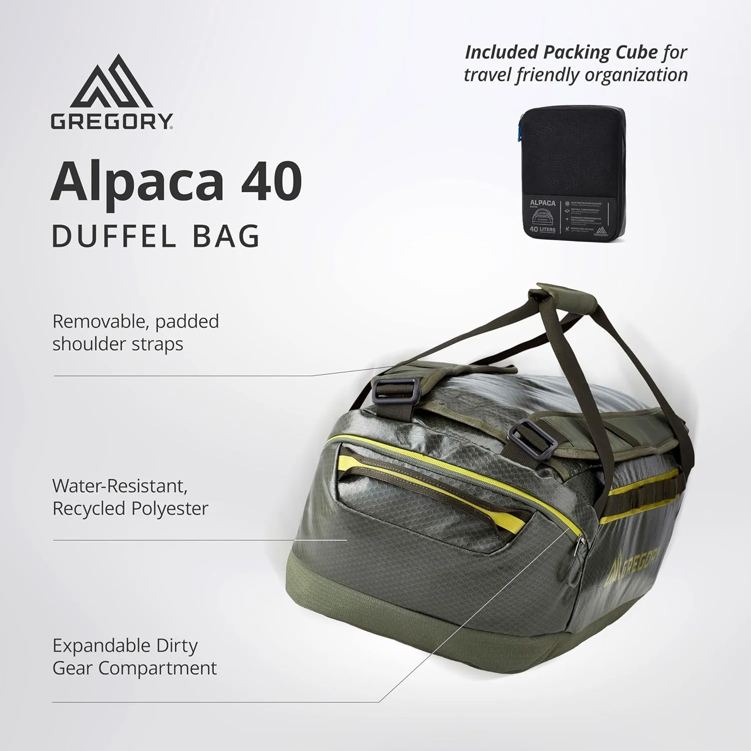 Gregory Alpaca 40L Water-Resistant Adventure Travel/Gear Organization Duffel Bag with Packing Cube Included, Obsidian Black