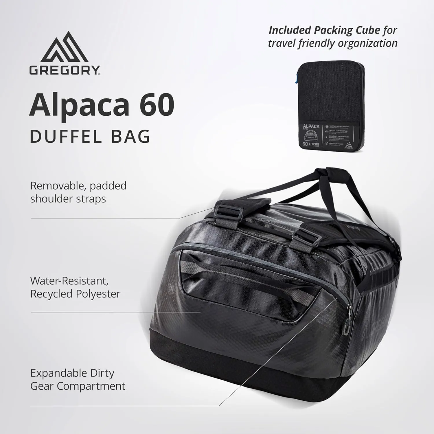 Gregory Alpaca 60L Water-Resistant Adventure Travel/Gear Organization Duffel Bag with Packing Cube Included, Fir Green