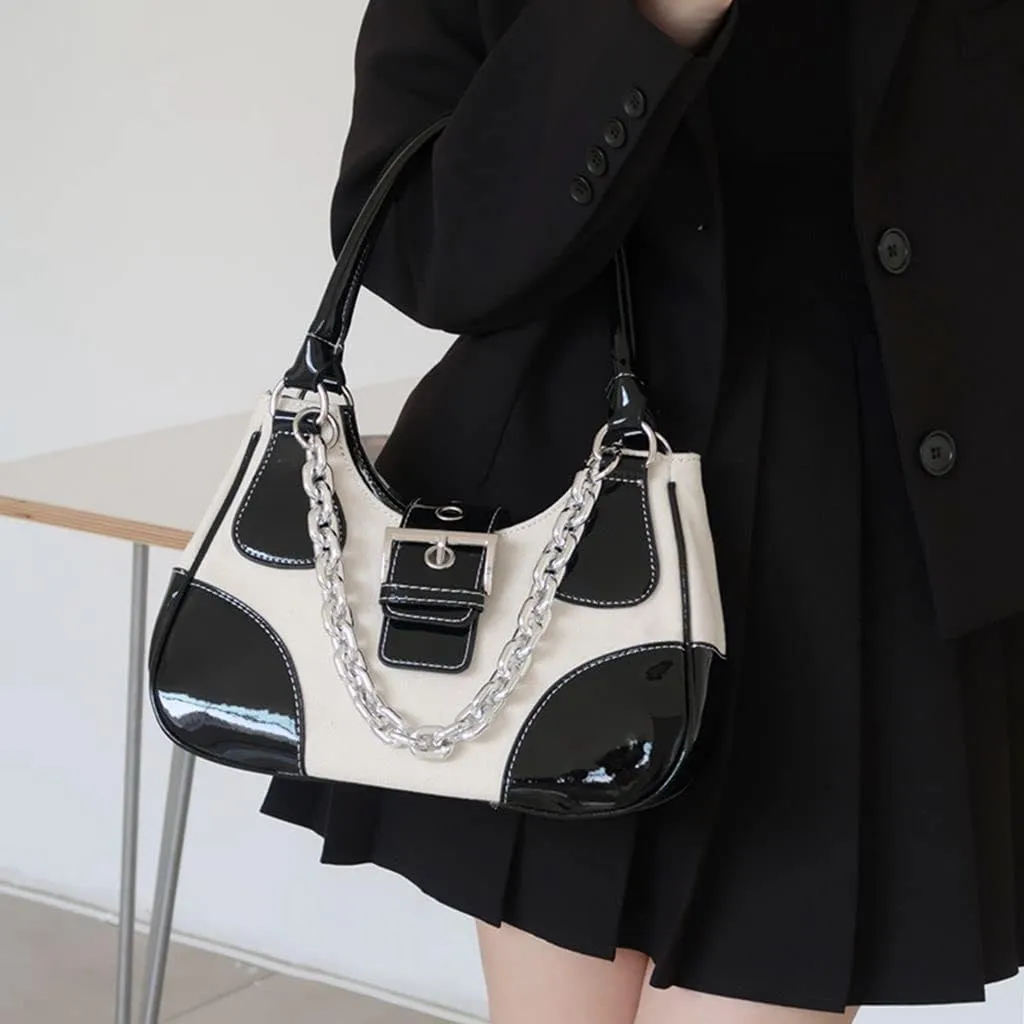 GRPKSSIB Tote Bag Women Y2K Contrast Hobo Bag Fashion Splicing Handbag Patchwork Top Handle Shoulder Bag with Chain