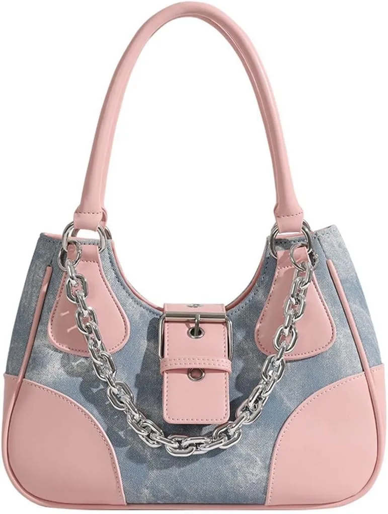 GRPKSSIB Tote Bag Women Y2K Contrast Hobo Bag Fashion Splicing Handbag Patchwork Top Handle Shoulder Bag with Chain