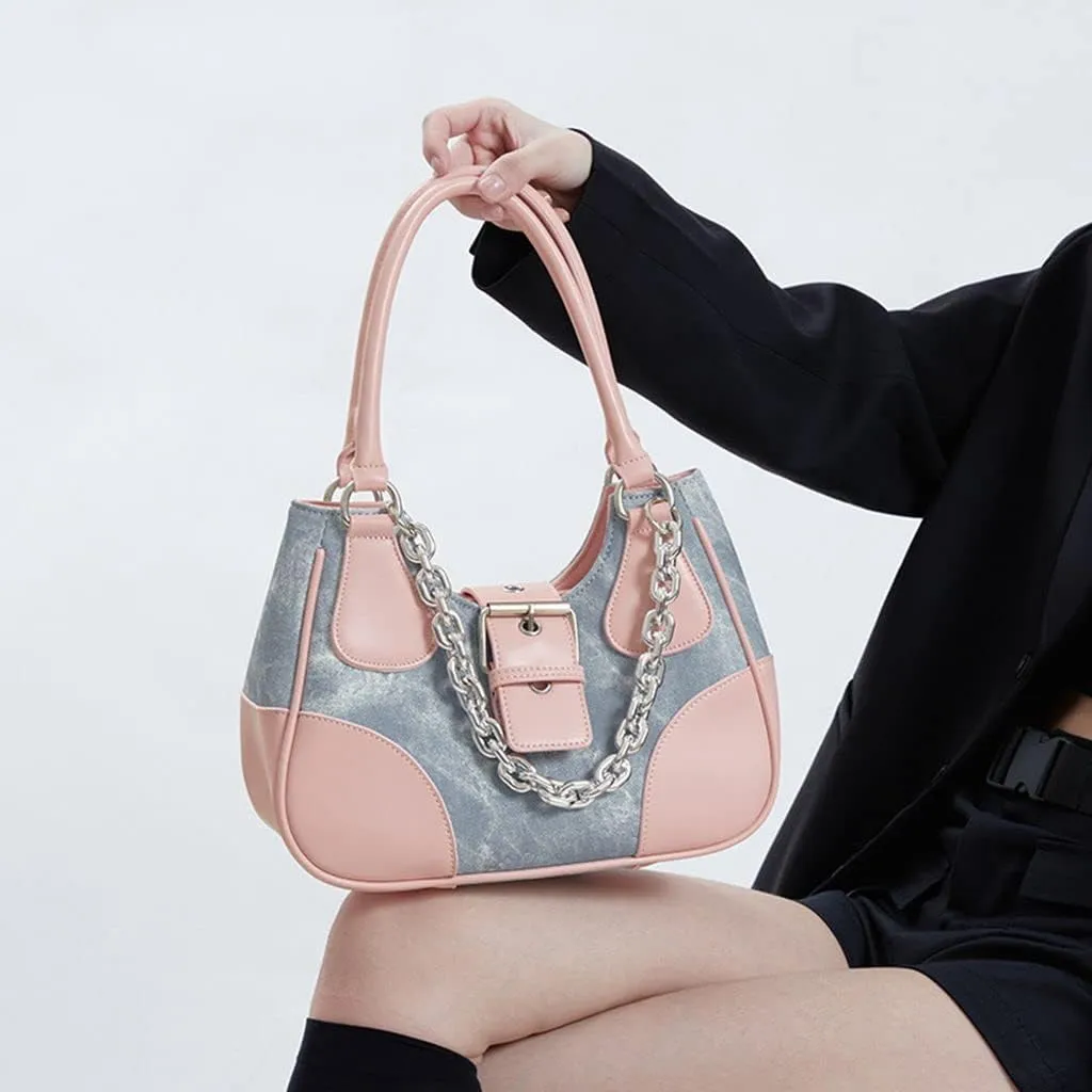 GRPKSSIB Tote Bag Women Y2K Contrast Hobo Bag Fashion Splicing Handbag Patchwork Top Handle Shoulder Bag with Chain