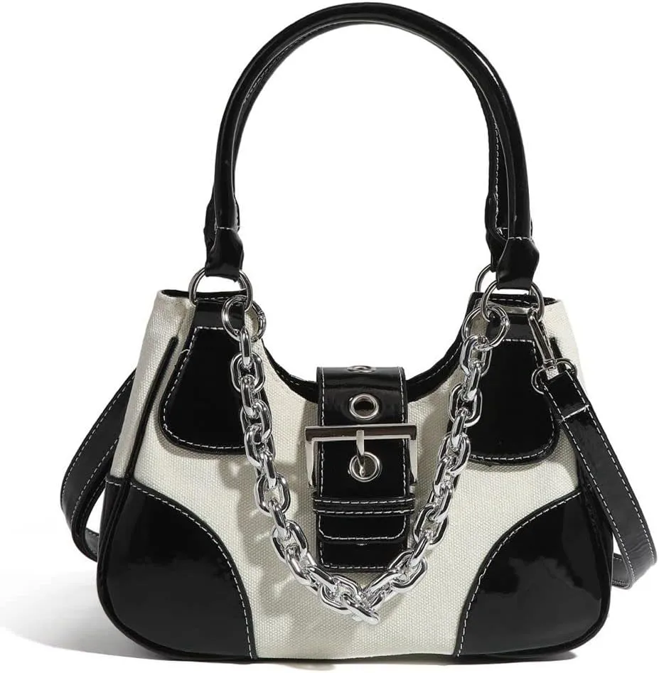 GRPKSSIB Tote Bag Women Y2K Contrast Hobo Bag Fashion Splicing Handbag Patchwork Top Handle Shoulder Bag with Chain