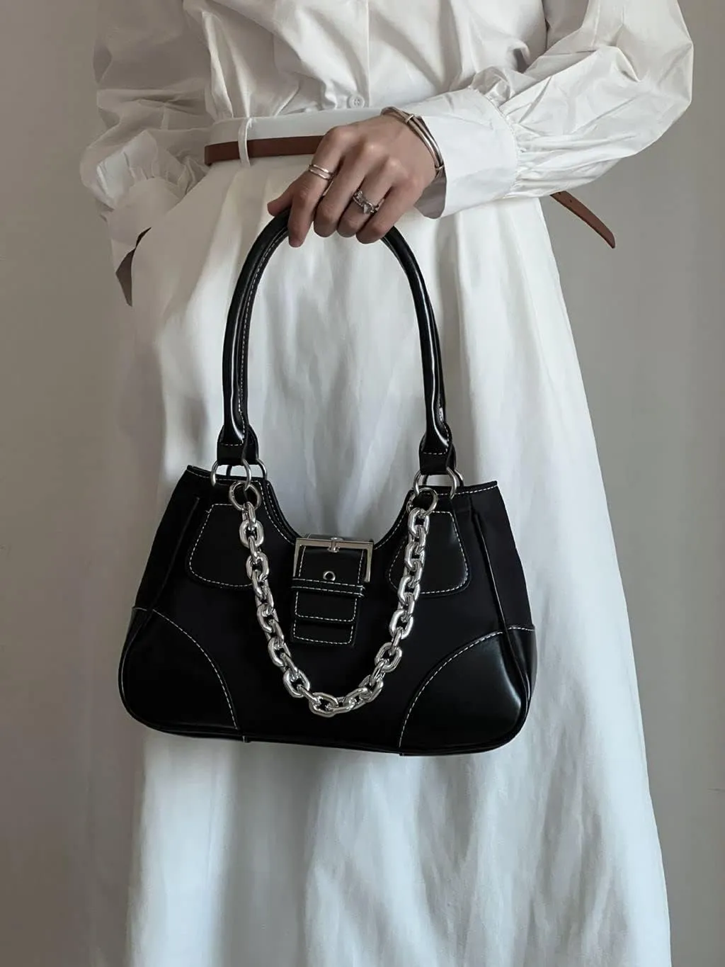 GRPKSSIB Tote Bag Women Y2K Contrast Hobo Bag Fashion Splicing Handbag Patchwork Top Handle Shoulder Bag with Chain