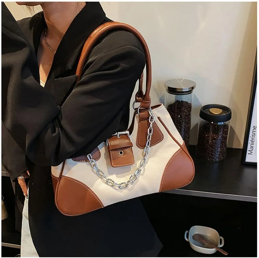 GRPKSSIB Tote Bag Women Y2K Contrast Hobo Bag Fashion Splicing Handbag Patchwork Top Handle Shoulder Bag with Chain