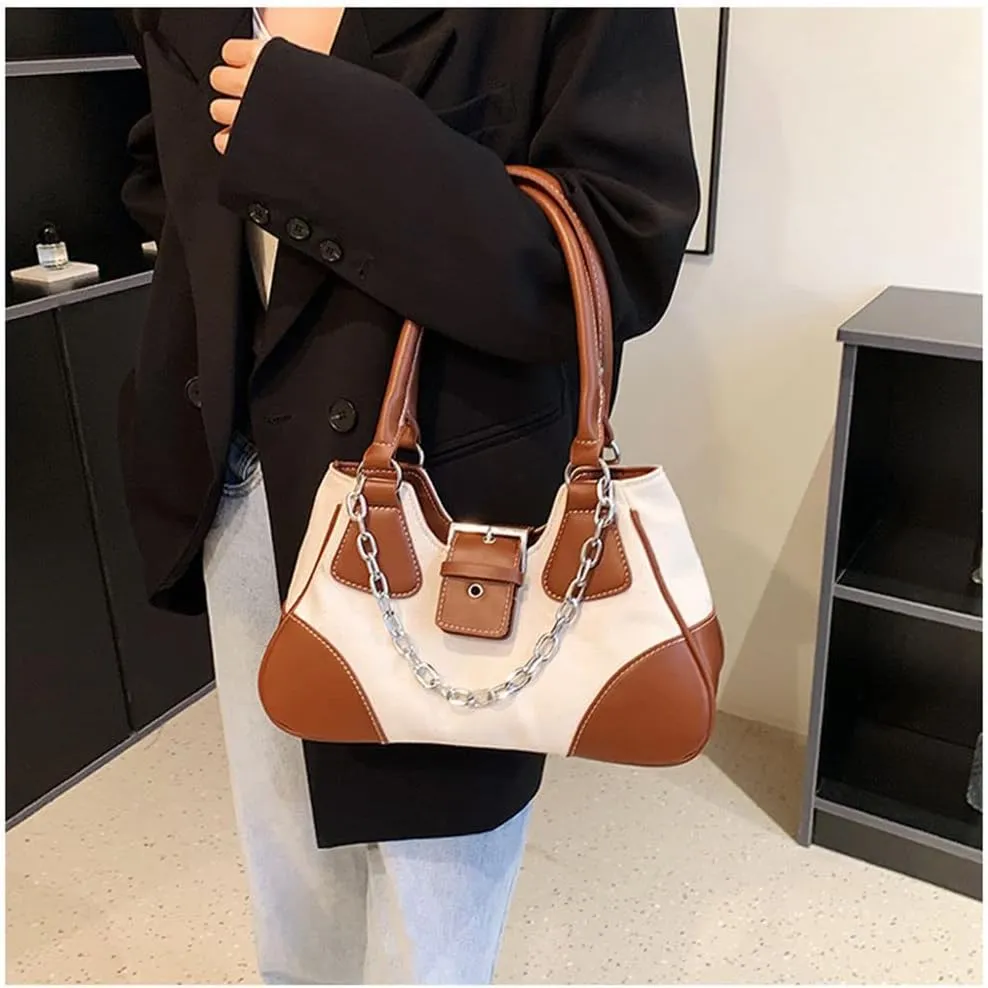 GRPKSSIB Tote Bag Women Y2K Contrast Hobo Bag Fashion Splicing Handbag Patchwork Top Handle Shoulder Bag with Chain