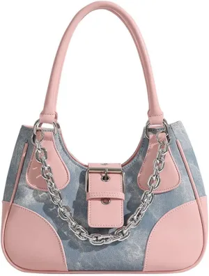 GRPKSSIB Tote Bag Women Y2K Contrast Hobo Bag Fashion Splicing Handbag Patchwork Top Handle Shoulder Bag with Chain