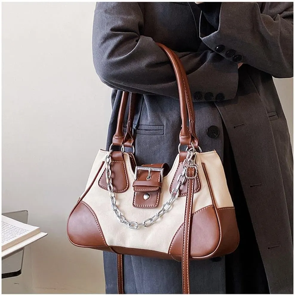 GRPKSSIB Tote Bag Women Y2K Contrast Hobo Bag Fashion Splicing Handbag Patchwork Top Handle Shoulder Bag with Chain