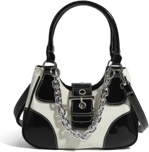 GRPKSSIB Tote Bag Women Y2K Contrast Hobo Bag Fashion Splicing Handbag Patchwork Top Handle Shoulder Bag with Chain