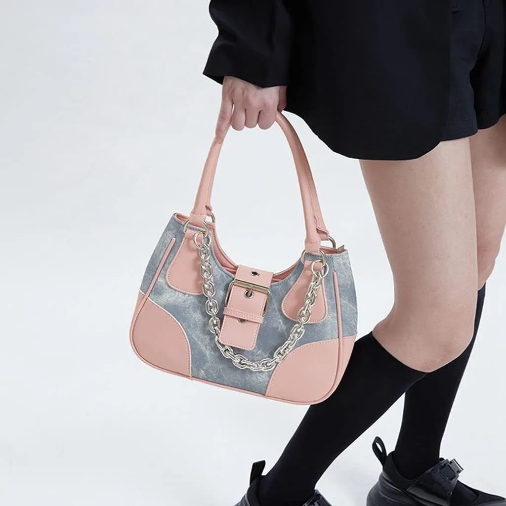 GRPKSSIB Tote Bag Women Y2K Contrast Hobo Bag Fashion Splicing Handbag Patchwork Top Handle Shoulder Bag with Chain