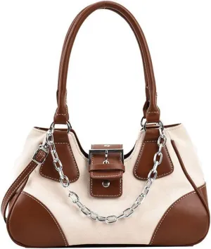 GRPKSSIB Tote Bag Women Y2K Contrast Hobo Bag Fashion Splicing Handbag Patchwork Top Handle Shoulder Bag with Chain