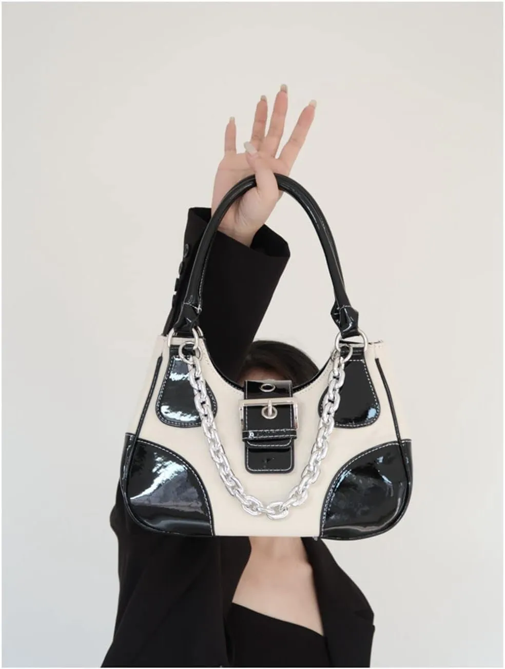 GRPKSSIB Tote Bag Women Y2K Contrast Hobo Bag Fashion Splicing Handbag Patchwork Top Handle Shoulder Bag with Chain