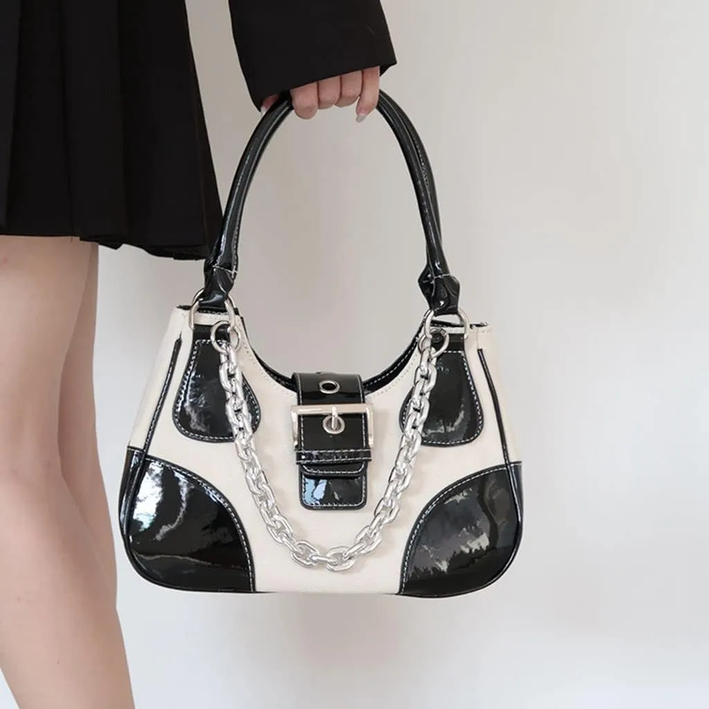 GRPKSSIB Tote Bag Women Y2K Contrast Hobo Bag Fashion Splicing Handbag Patchwork Top Handle Shoulder Bag with Chain