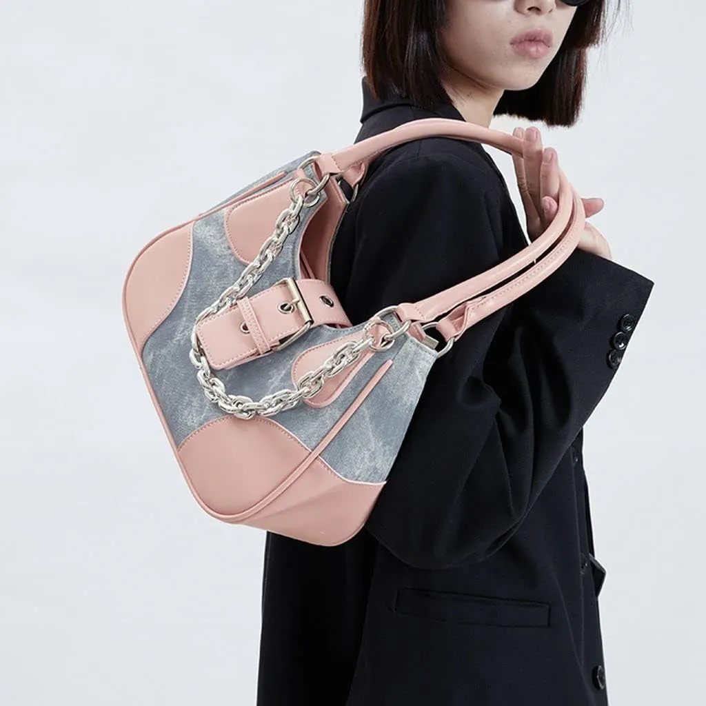 GRPKSSIB Tote Bag Women Y2K Contrast Hobo Bag Fashion Splicing Handbag Patchwork Top Handle Shoulder Bag with Chain