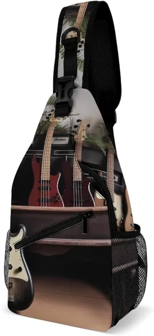 Guitar Bass Music Musical Instruments Crossbody Bags Mini Sling Bag Fanny Chest Bag Travel Daypack Sling Backpack for Men Women