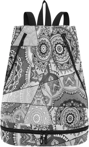 Gym Swimming Drawstring Bags Daypacks Backpack Purse Casual Knapsack Shoulder Bag Sitting Rucksack Black Grey White Mosaic Graffiti Patchwork Motifs