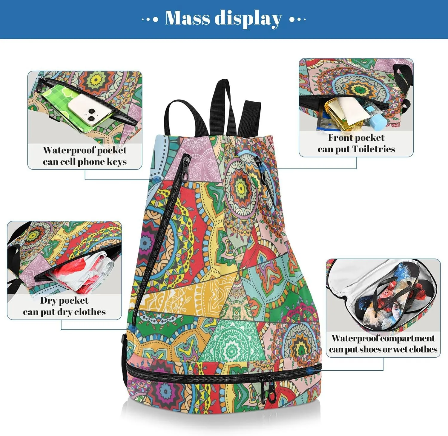 Gym Swimming Drawstring Bags Daypacks Backpack Purse Casual Knapsack Shoulder Bag Sitting Rucksack Mosaic Graffiti Patchwork Motifs