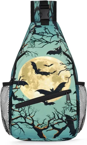 Halloween Bat Twig Moon Sling Backpack for Women Men Waterproof Antitheft Chest Bag Lightweight Travel Crossbody Shoulder Bag for Shopping Outdoor Leisure Sports Mountaineering Riding