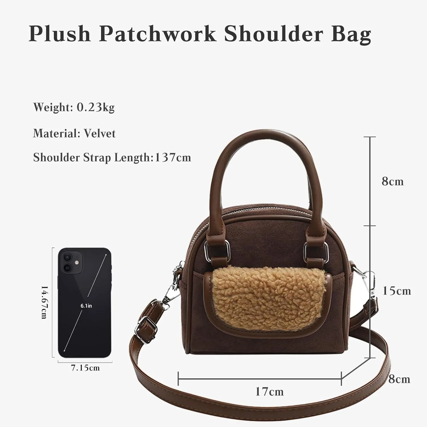 Handbag for Women Shoulder Soft Plush Tote Vintage Crossbody Fluffy Messenger Lightweight Top Handle Velvet