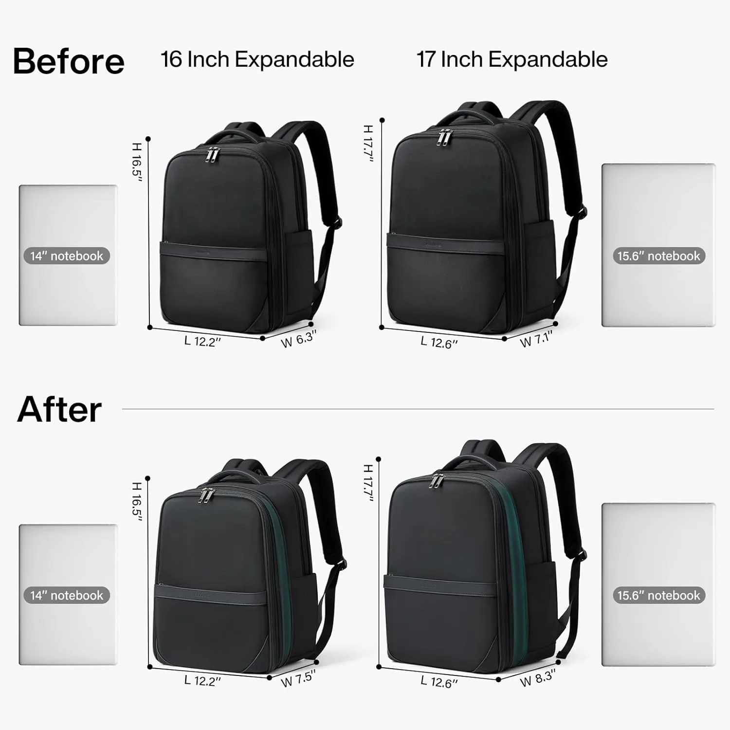 Hanke 17 Inch Expandable Backpack with Luggage Strap Business Travel Laptop Backpack for Women Mens Work Computer Bagpack Fits 15.6 Inch Laptop(Black)