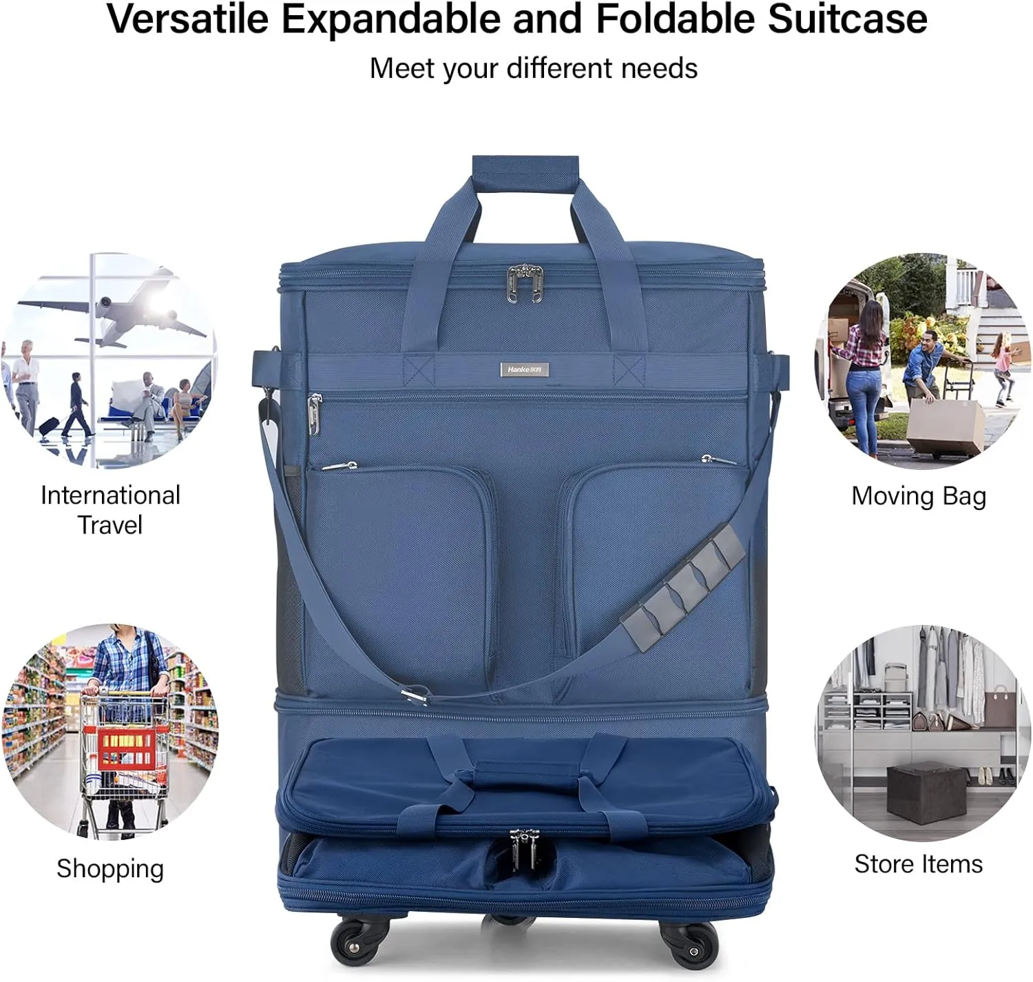 Hanke Expandable Collapsible Luggage with Wheels Suitcase Luggage Rolling Travel Bag Duffel Garment Tote Bag for Men Women Lightweight Suitcase Large Capacity Luggage with Spinner Wheel (Blue)