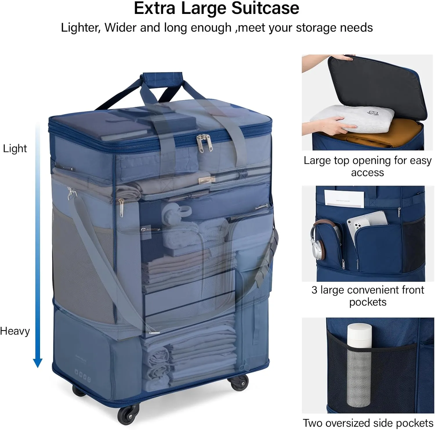 Hanke Expandable Collapsible Luggage with Wheels Suitcase Luggage Rolling Travel Bag Duffel Garment Tote Bag for Men Women Lightweight Suitcase Large Capacity Luggage with Spinner Wheel (Blue)