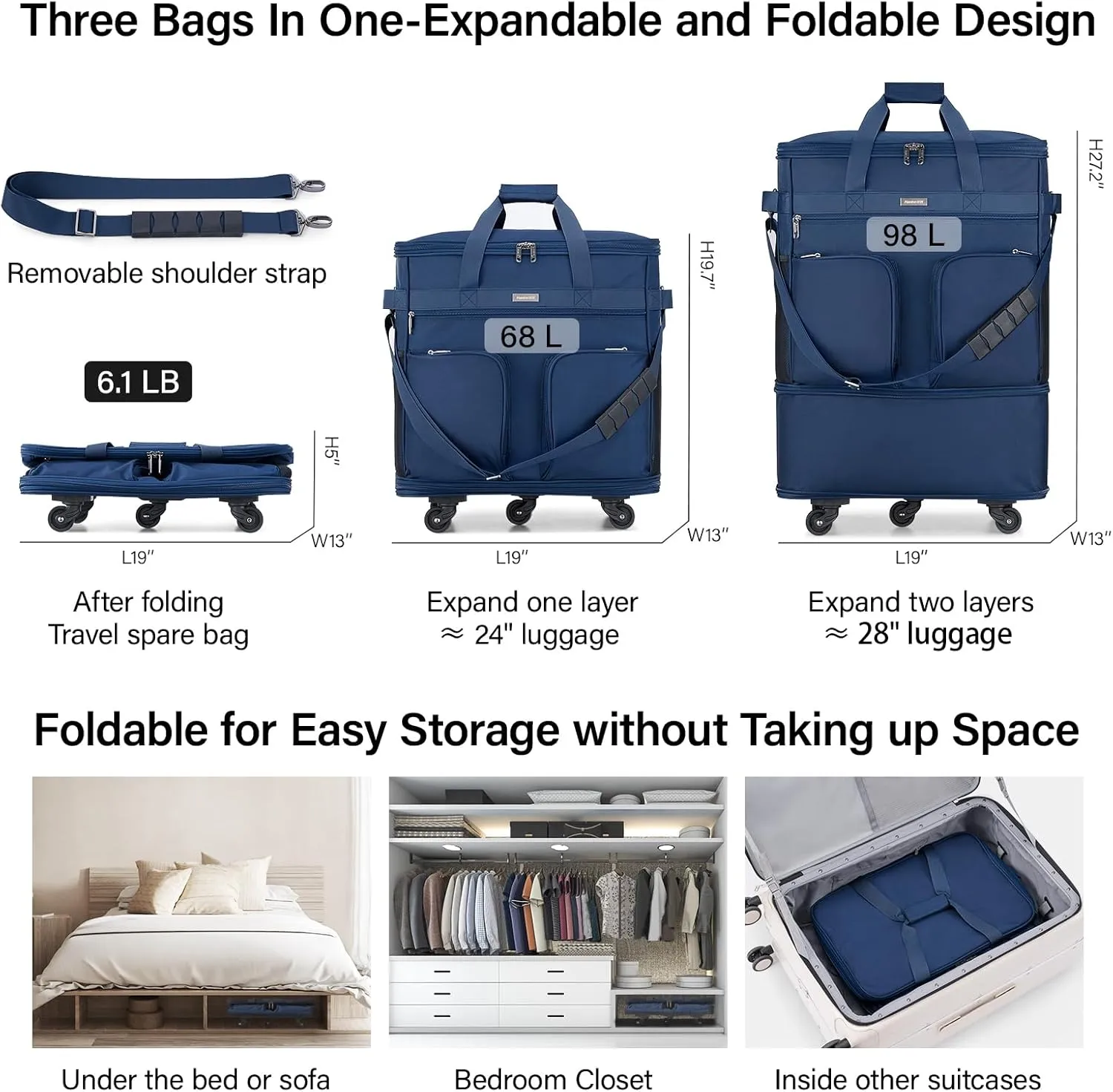 Hanke Expandable Collapsible Luggage with Wheels Suitcase Luggage Rolling Travel Bag Duffel Garment Tote Bag for Men Women Lightweight Suitcase Large Capacity Luggage with Spinner Wheel (Blue)