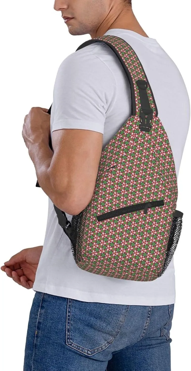 Happy Christmas Red Green Geometric Cross Chest Bag Diagonally Hiking Crossbody Bag Travel Shoulder Daypack Lightweight Sling Backpack Cycling Daypacks Fitness Chest Backpacks