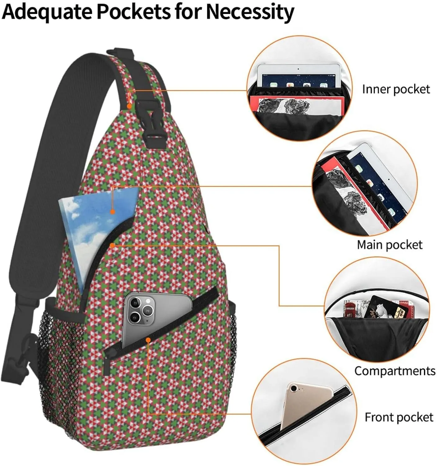 Happy Christmas Red Green Geometric Cross Chest Bag Diagonally Hiking Crossbody Bag Travel Shoulder Daypack Lightweight Sling Backpack Cycling Daypacks Fitness Chest Backpacks
