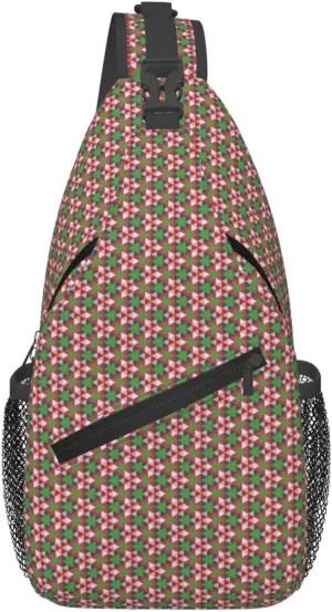 Happy Christmas Red Green Geometric Cross Chest Bag Diagonally Hiking Crossbody Bag Travel Shoulder Daypack Lightweight Sling Backpack Cycling Daypacks Fitness Chest Backpacks