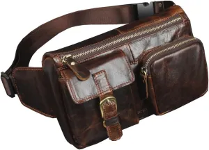 Hebetag Leather Fanny Pack Waist Bag for Men Women Travel Outdoor Sports Hiking Running Hip Bum Belt Slim Cell Phone Purse Wallet Pouch Sling Chest Bag, Coffee