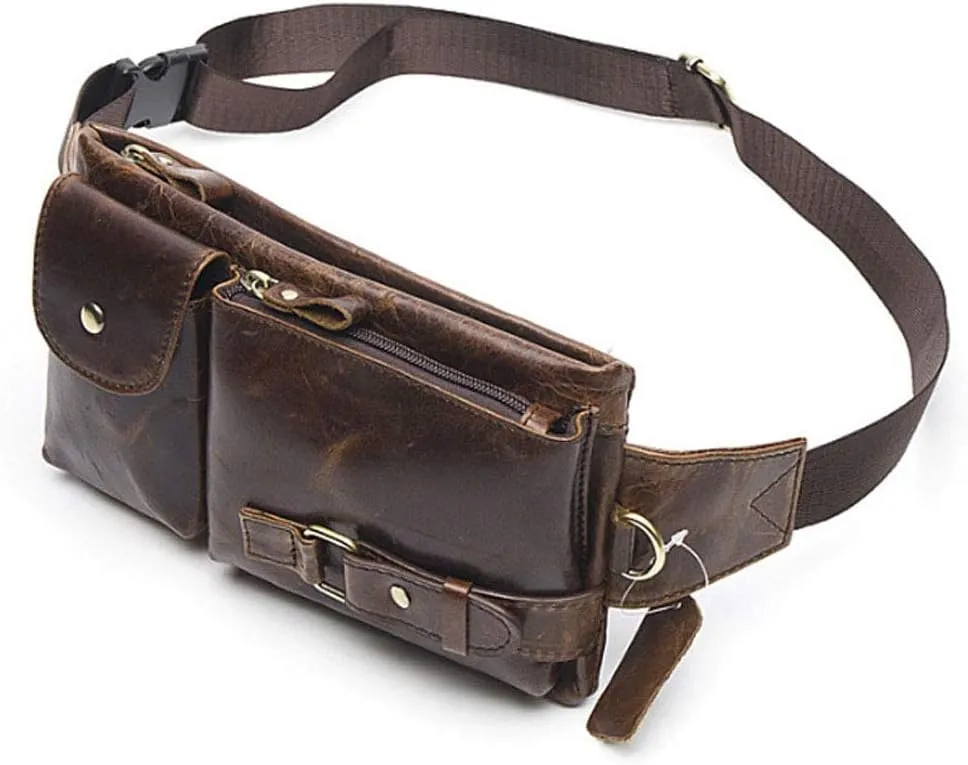 Hebetag Leather Waist Bag Fanny Pack for Men Women Travel Outdoor Hunting Hiking Climbing Multi-Purpose Hip Bum Belt Slim Cell Phone Purse Wallet Pouch, Brown
