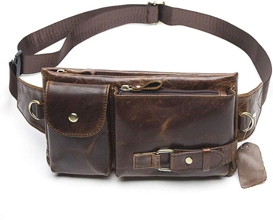 Hebetag Leather Waist Bag Fanny Pack for Men Women Travel Outdoor Hunting Hiking Climbing Multi-Purpose Hip Bum Belt Slim Cell Phone Purse Wallet Pouch, Brown