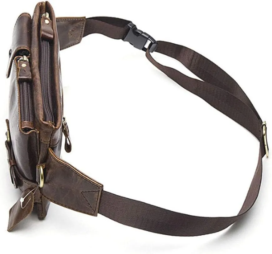 Hebetag Leather Waist Bag Fanny Pack for Men Women Travel Outdoor Hunting Hiking Climbing Multi-Purpose Hip Bum Belt Slim Cell Phone Purse Wallet Pouch, Brown