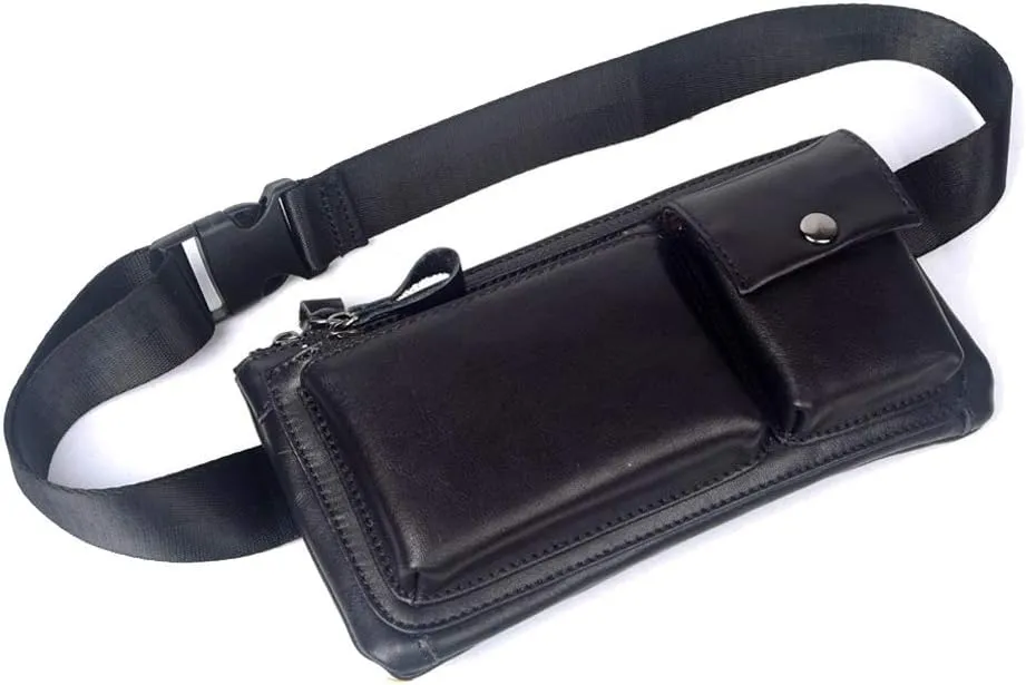 Hebetag Leather Waist Pack Fanny Bag Handbag for Men Women Hip Bum Belt Purse Travel Outdoor Running Hiking Camping Cell Phone Clutch Pouch Pocket (#02Black)
