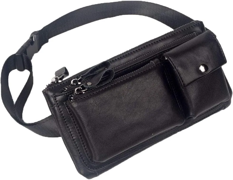 Hebetag Leather Waist Pack Fanny Bag Handbag for Men Women Hip Bum Belt Purse Travel Outdoor Running Hiking Camping Cell Phone Clutch Pouch Pocket (#02Black)