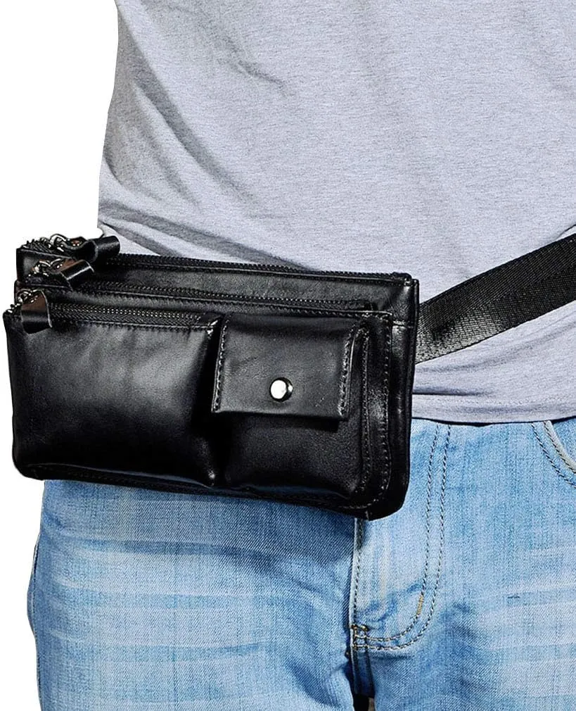 Hebetag Leather Waist Pack Fanny Bag Handbag for Men Women Hip Bum Belt Purse Travel Outdoor Running Hiking Camping Cell Phone Clutch Pouch Pocket (#02Black)