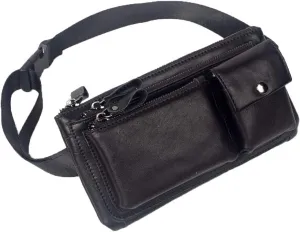 Hebetag Leather Waist Pack Fanny Bag Handbag for Men Women Hip Bum Belt Purse Travel Outdoor Running Hiking Camping Cell Phone Clutch Pouch Pocket (#02Black)