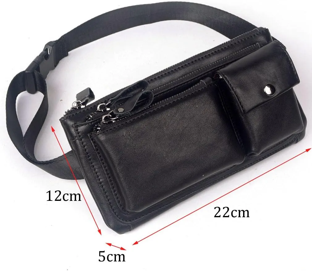 Hebetag Leather Waist Pack Fanny Bag Handbag for Men Women Hip Bum Belt Purse Travel Outdoor Running Hiking Camping Cell Phone Clutch Pouch Pocket (#02Black)