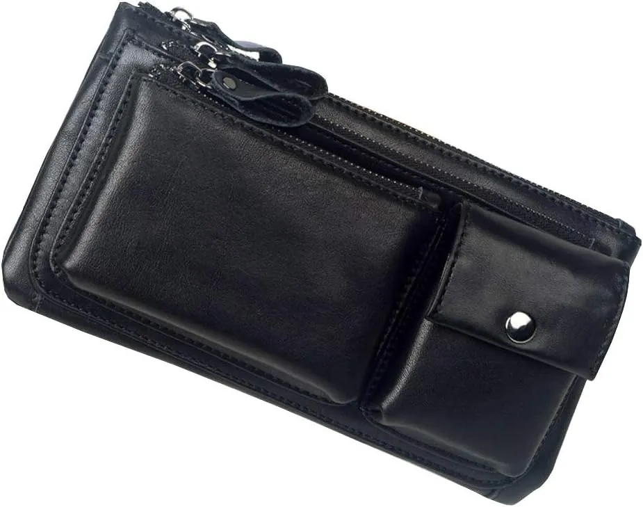 Hebetag Leather Waist Pack Fanny Bag Handbag for Men Women Hip Bum Belt Purse Travel Outdoor Running Hiking Camping Cell Phone Clutch Pouch Pocket (#02Black)