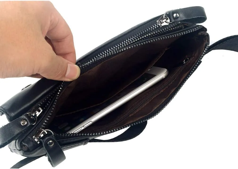 Hebetag Leather Waist Pack Fanny Bag Handbag for Men Women Hip Bum Belt Purse Travel Outdoor Running Hiking Camping Cell Phone Clutch Pouch Pocket (#02Black)